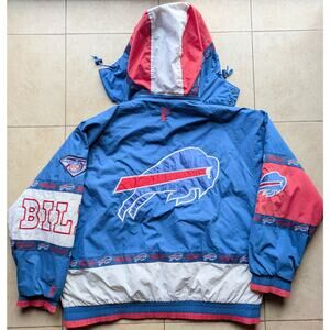 Buffalo Bills 1994 75th PRO PLAYER puffer TAPE jacket XL hood blue NFL vintage